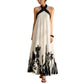 Halter Neck Maxi Dress with Crisscross Straps Open Back Tie Waist Botanical Border Print and A Line Skirt