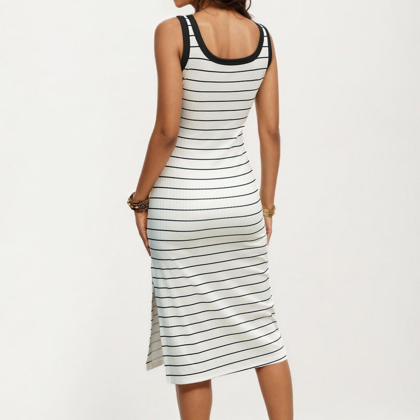 Striped Rib-Knit Scoop Neck Midi Tank Dress with Side Slit