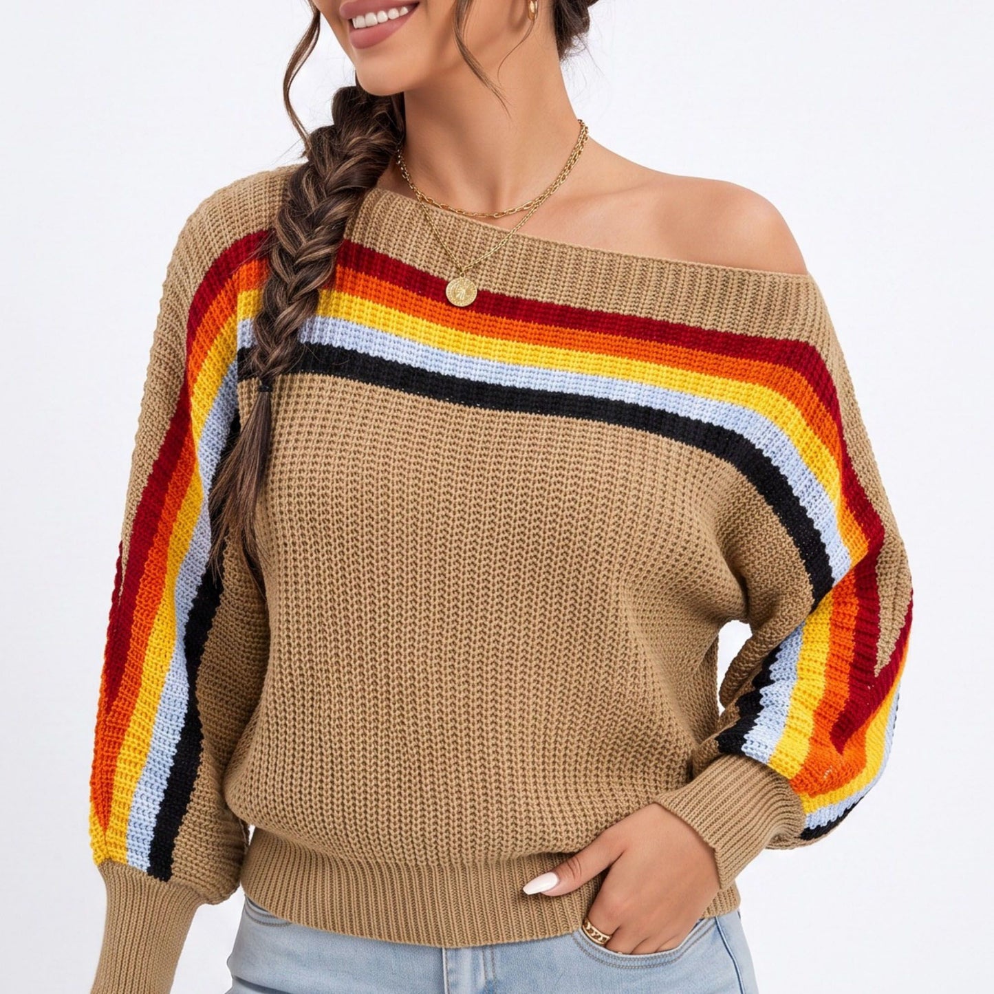 Rainbow Stripe One Shoulder Balloon Sleeve Knit Sweater