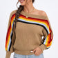 Rainbow Stripe One Shoulder Balloon Sleeve Knit Sweater