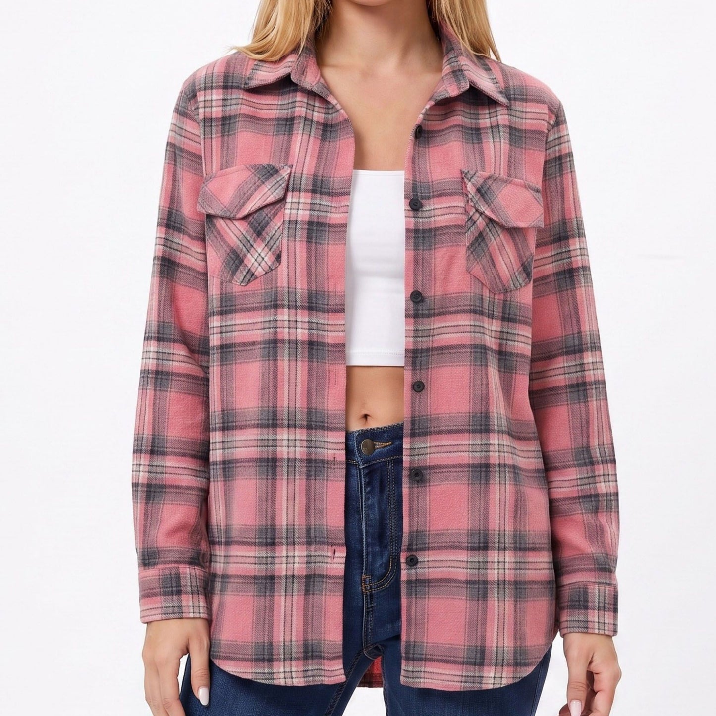 Plaid Button Front Long Sleeve Shirt with Flap Chest Pockets