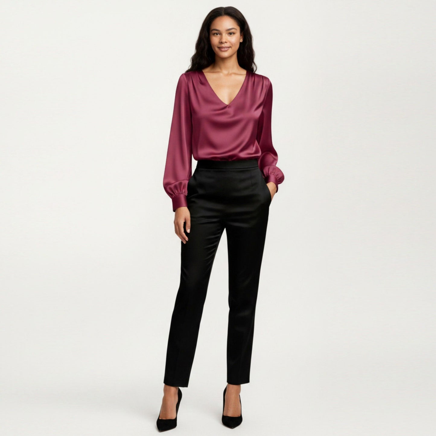 Satin V-Neck Blouse with Long Balloon Sleeves and Wide Cuffs