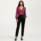 Satin V-Neck Blouse with Long Balloon Sleeves and Wide Cuffs