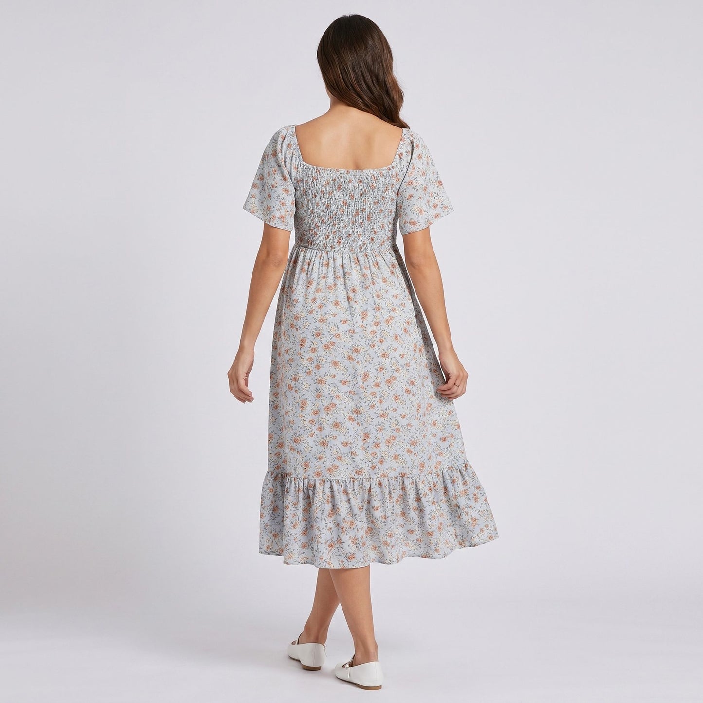 Maternity Floral Square Neck Midi Dress with Smocked Bodice and Flutter Sleeves