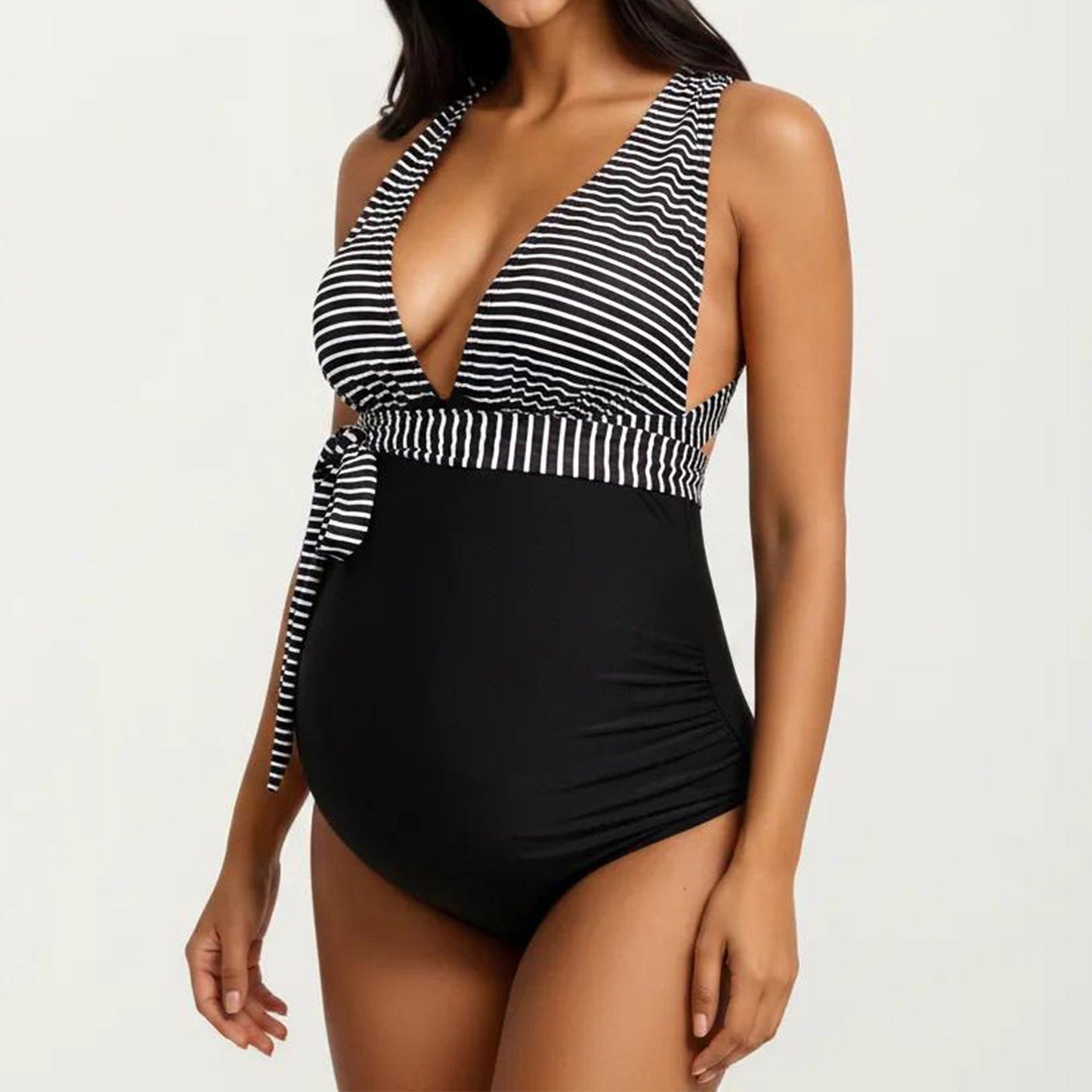 Maternity Striped One-Piece Swimsuit with Tie Waist and Deep V-Neckline