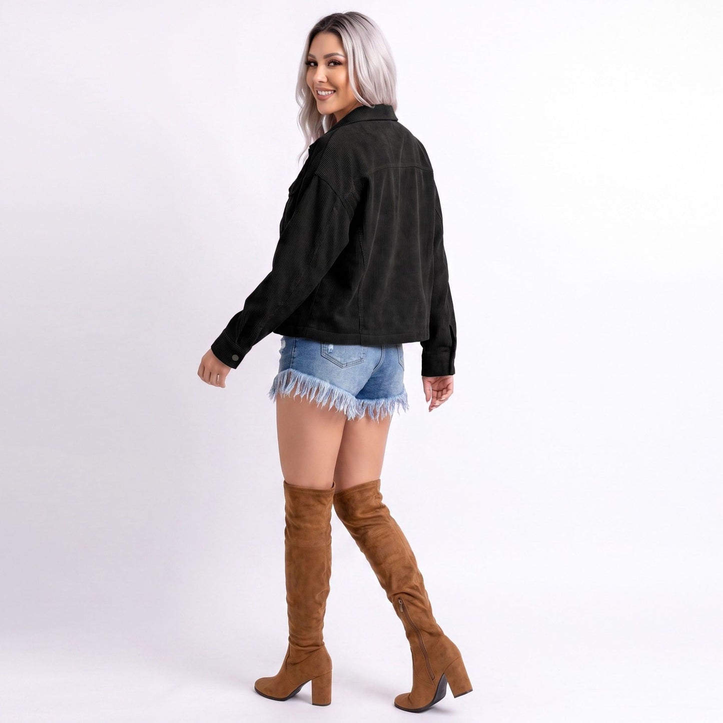 Cropped Button Front Shirt Jacket with Patch Pockets