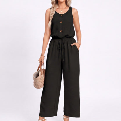 Sleeveless Button Front Jumpsuit with Crochet Lace Back