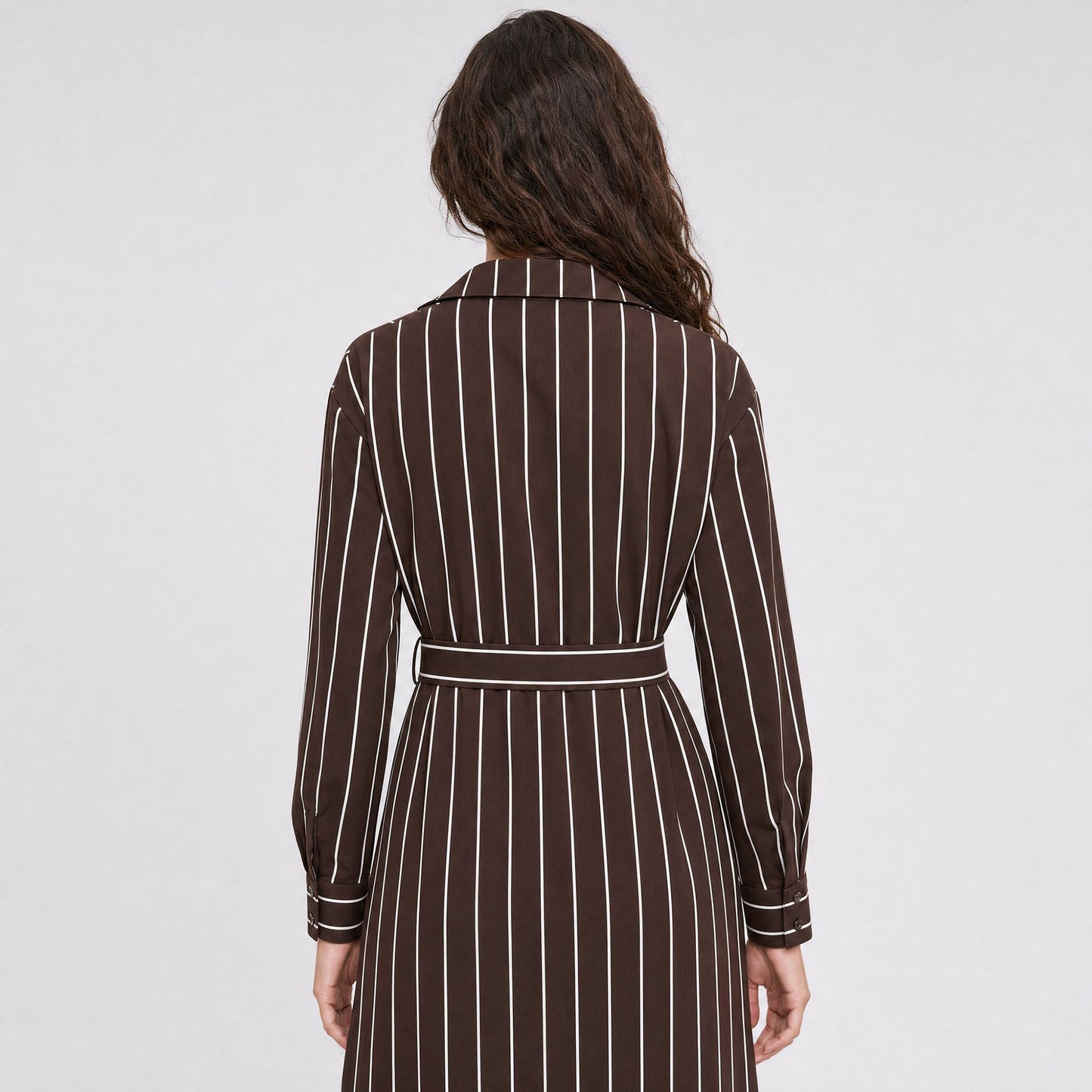 Striped Belted Button Front Long Sleeve Midi Shirt Dress