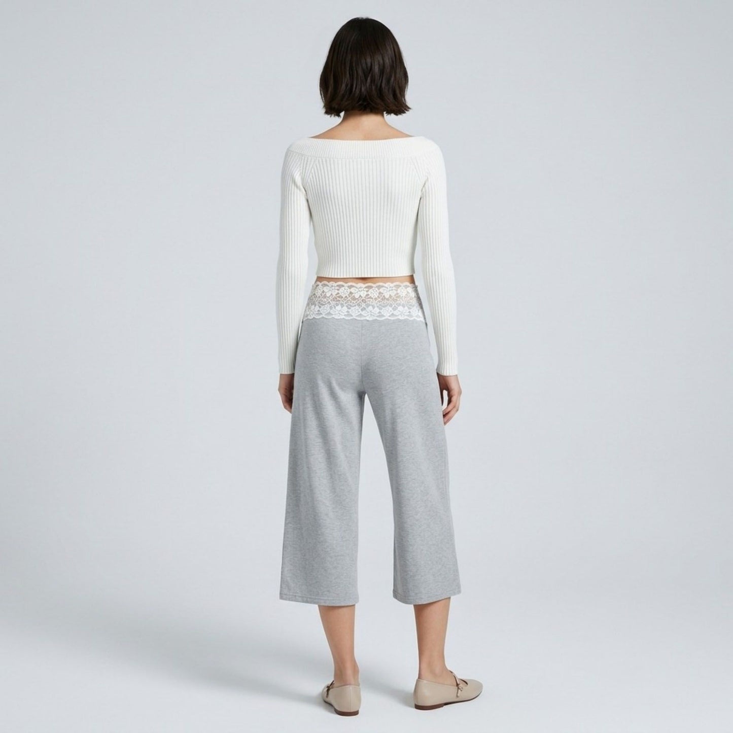 Lace Contrast Waistband Cropped Wide-Leg Trousers