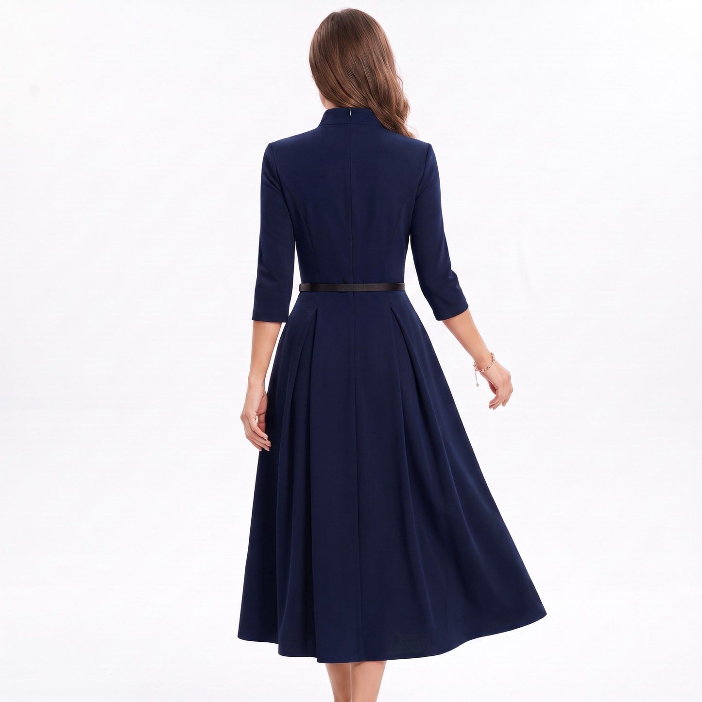 Three Quarter Sleeve Belted Midi Dress with Pleated A Line Skirt