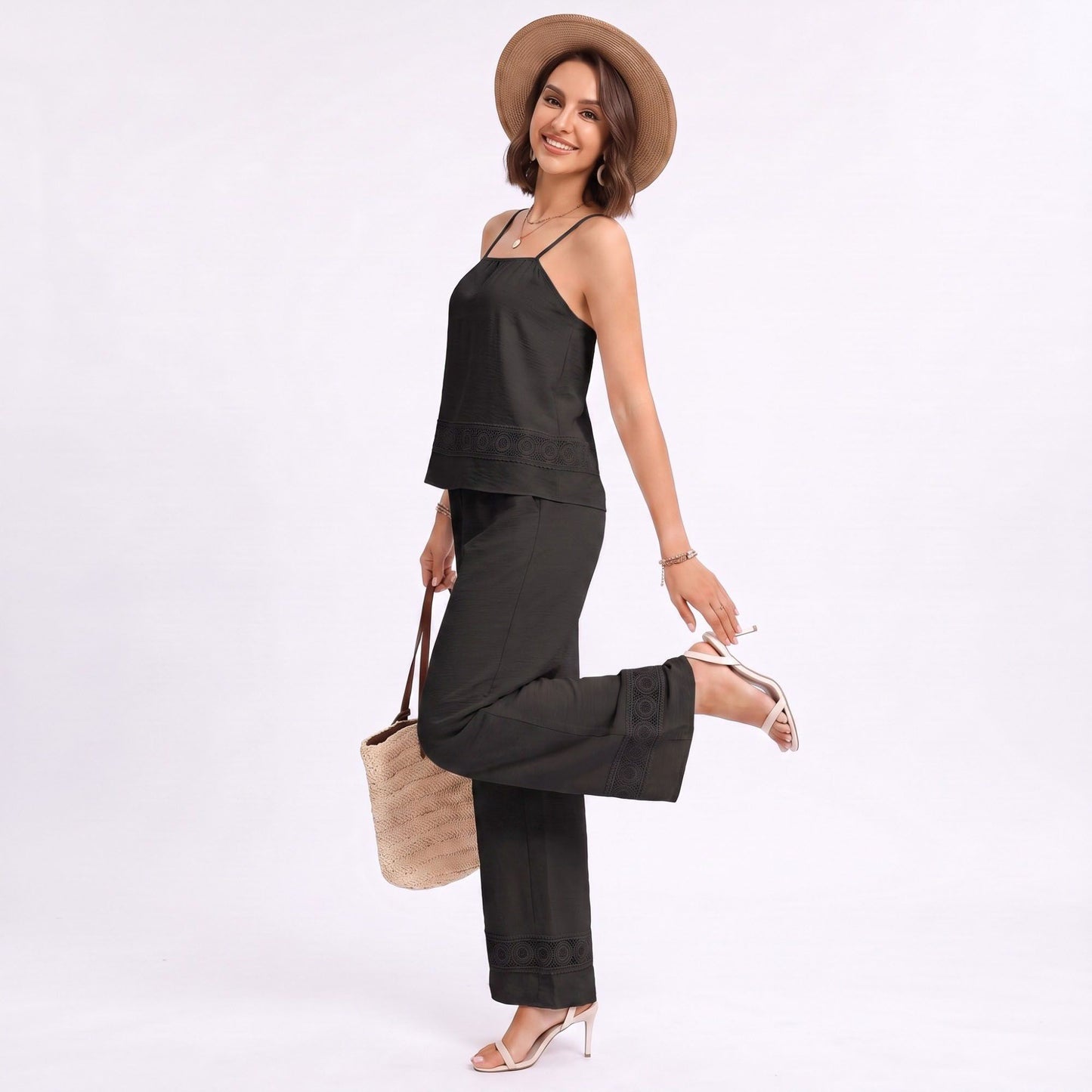 Sleeveless Button Front Jumpsuit with Crochet Lace Back