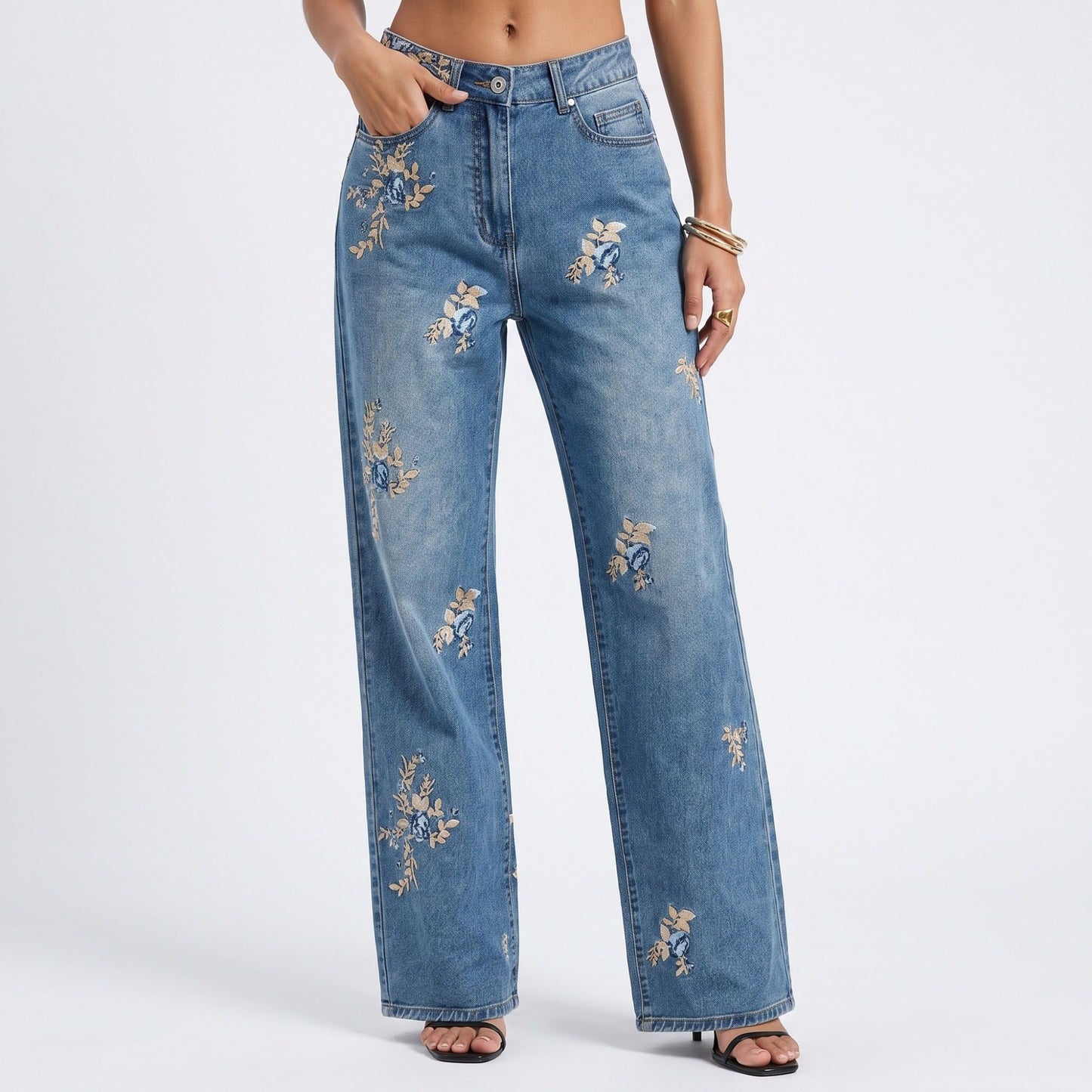 Floral Embroidered Wide Leg Jeans High Rise Relaxed Denim Pants