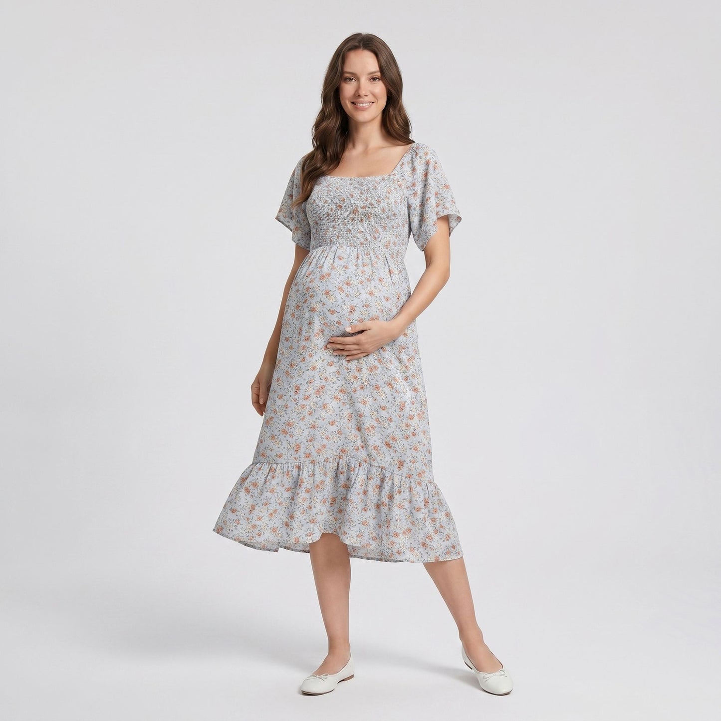 Maternity Floral Square Neck Midi Dress with Smocked Bodice and Flutter Sleeves