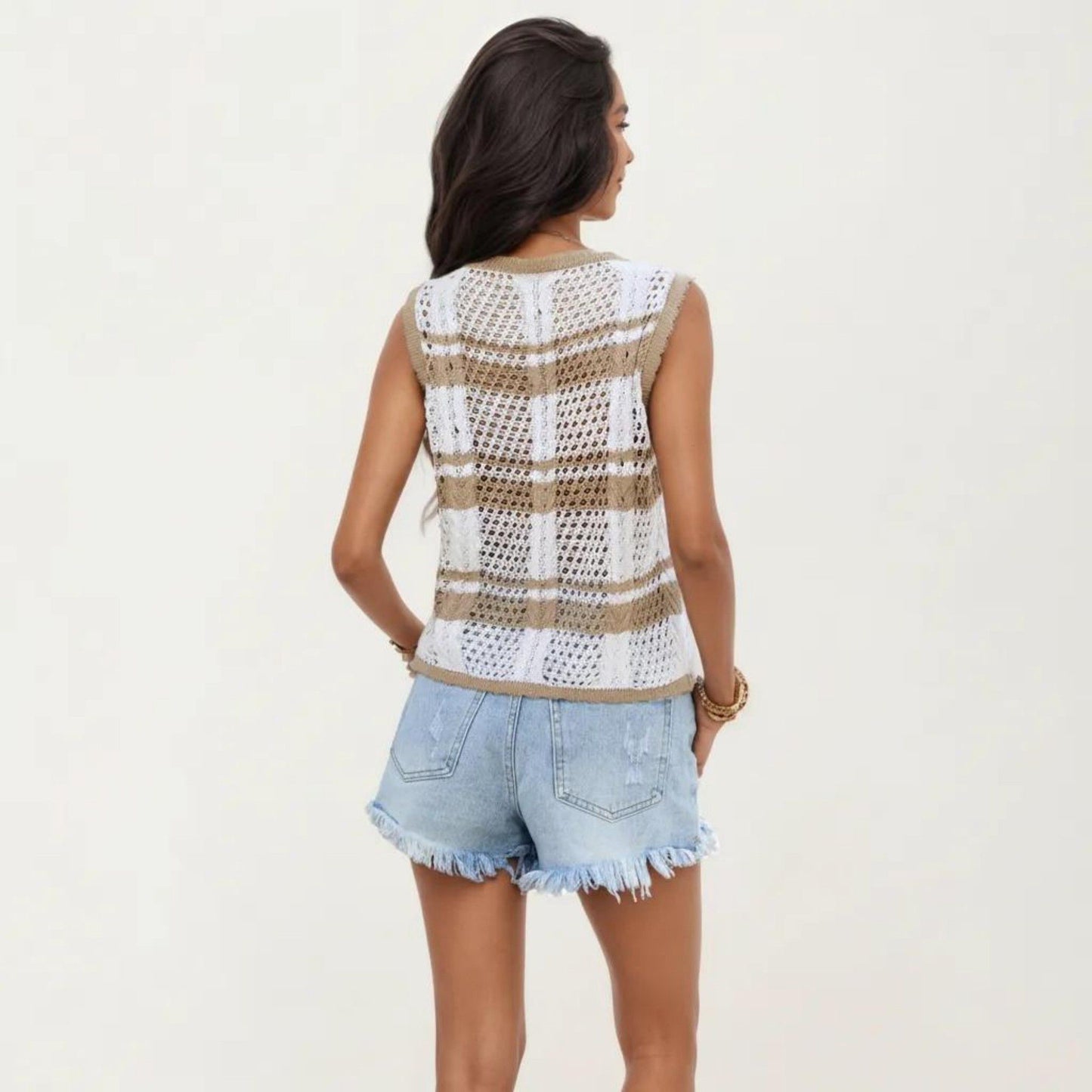Sleeveless Striped Crochet Knit Vest with Tie Front and Open Stitch Design