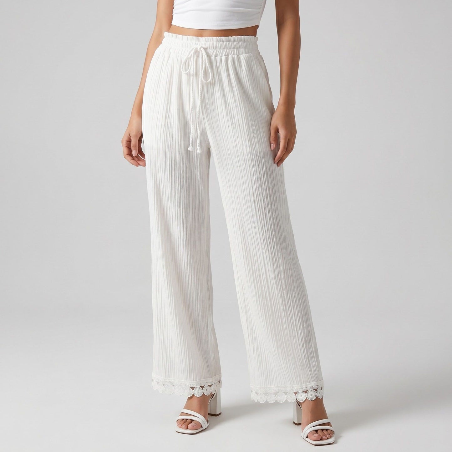 White Crinkle Wide Leg Pants Elastic Drawstring Waist Lace Trim Boho Trousers