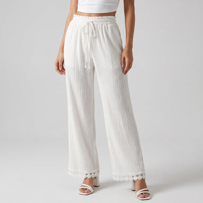 White Crinkle Wide Leg Pants Elastic Drawstring Waist Lace Trim Boho Trousers