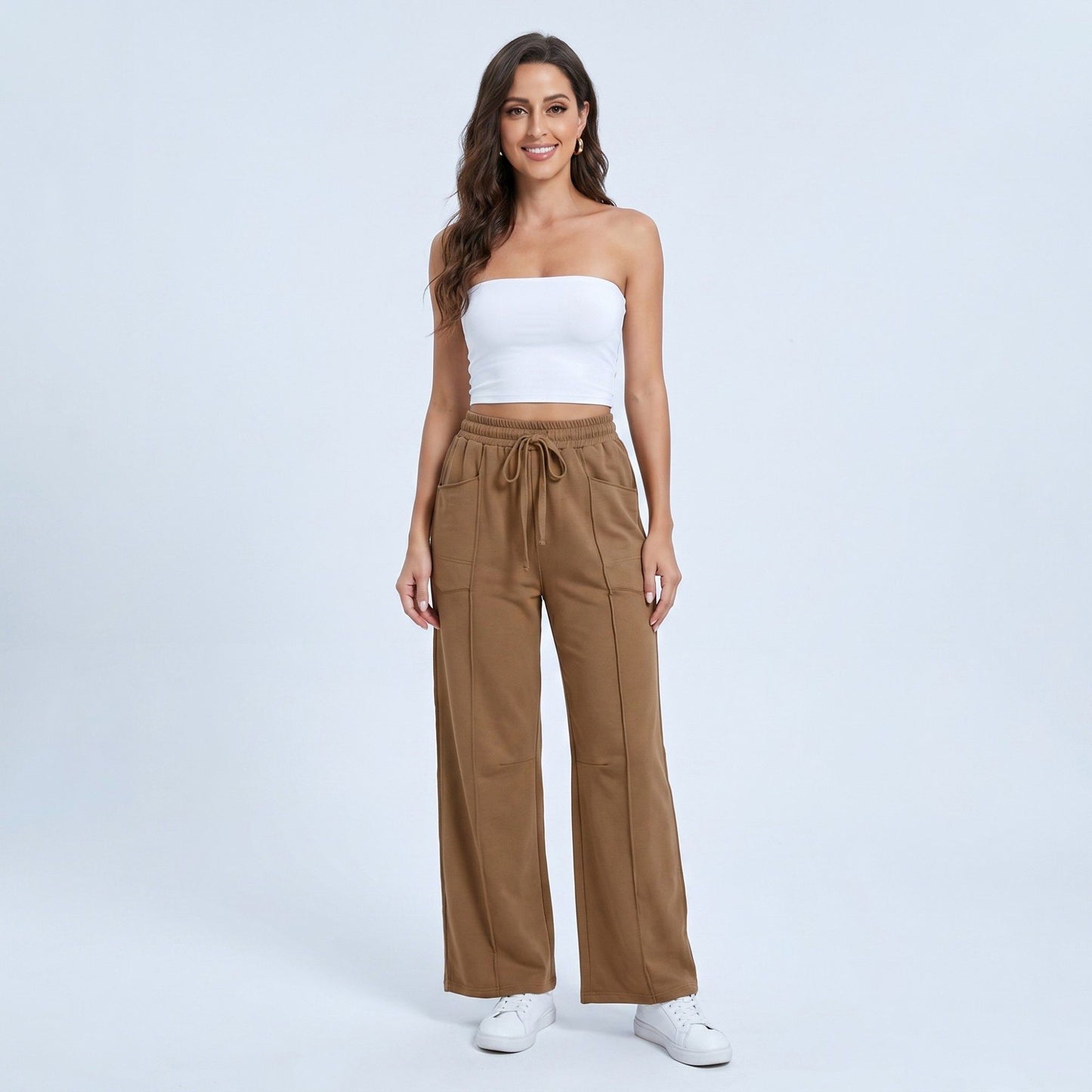 High Rise Drawstring Wide Leg Utility Pants with Patch Pockets