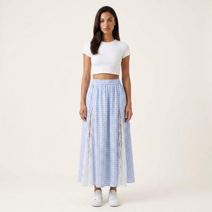 Gingham Maxi Skirt Lace Panel High Waist A Line Flowy Lightweight Casual Skirt