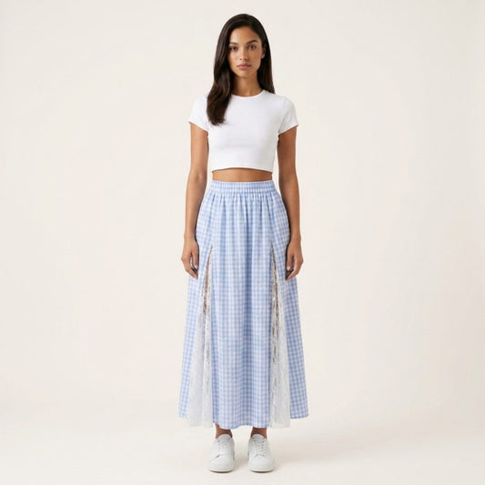 Gingham Maxi Skirt Lace Panel High Waist A Line Flowy Lightweight Casual Skirt
