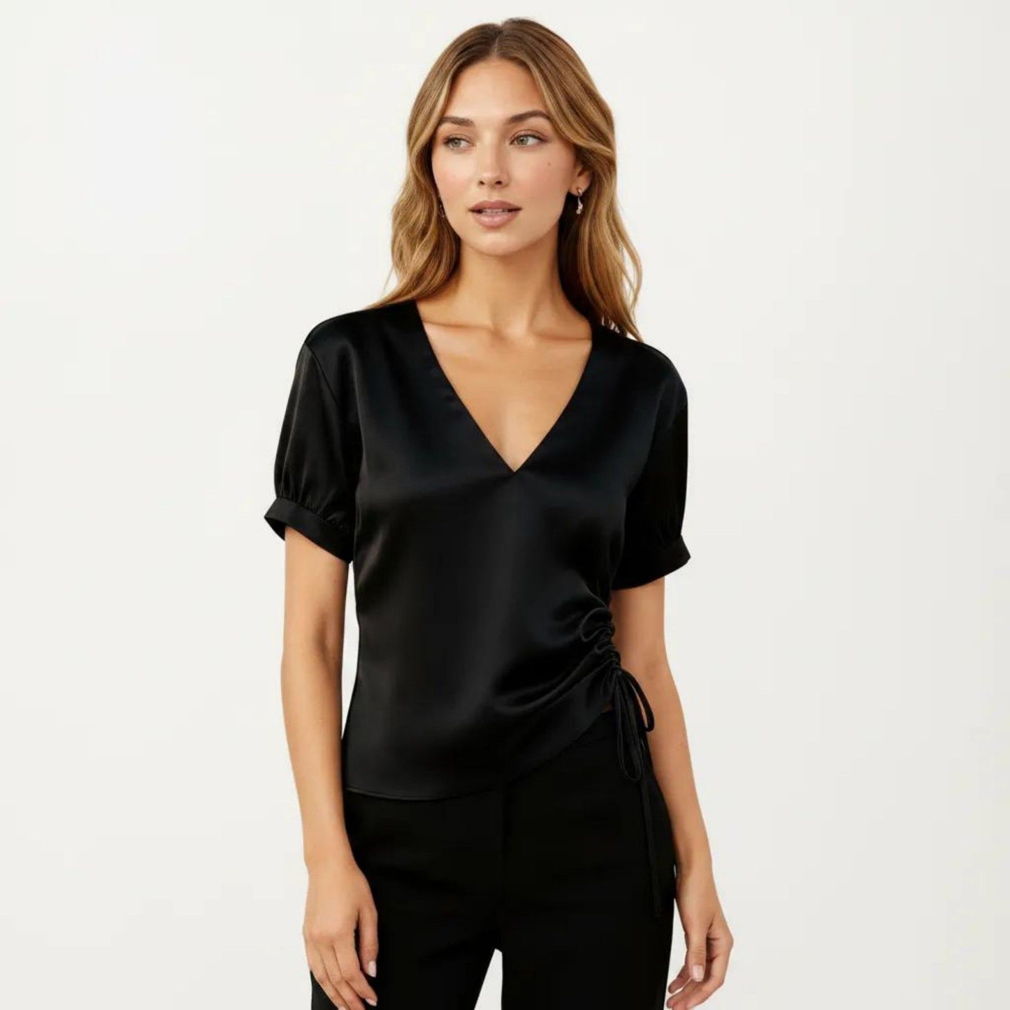 Satin V Neck Blouse with Puff Sleeves and Side Ruched Drawstring