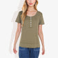 Solid Round Neck Short Sleeve Top with Decorative Buttons