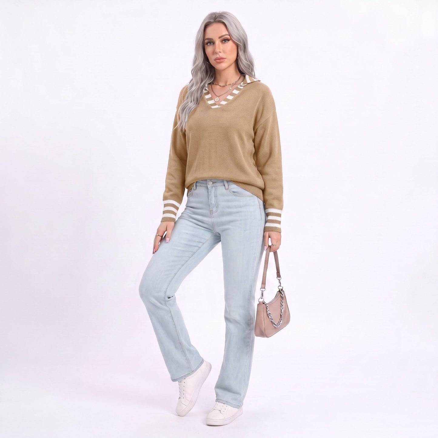 Long Sleeve Collared V Neck Knit Pullover Sweater