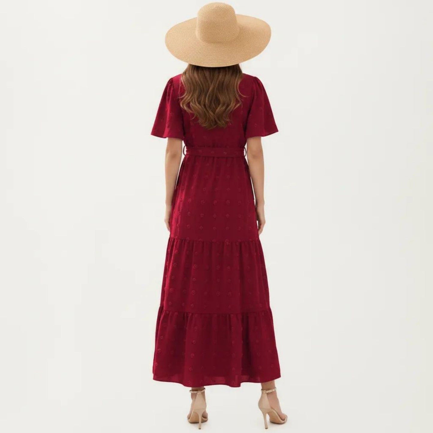 Short Sleeve Maxi Dress with Wrap Front Waist Tie and Tiered Skirt
