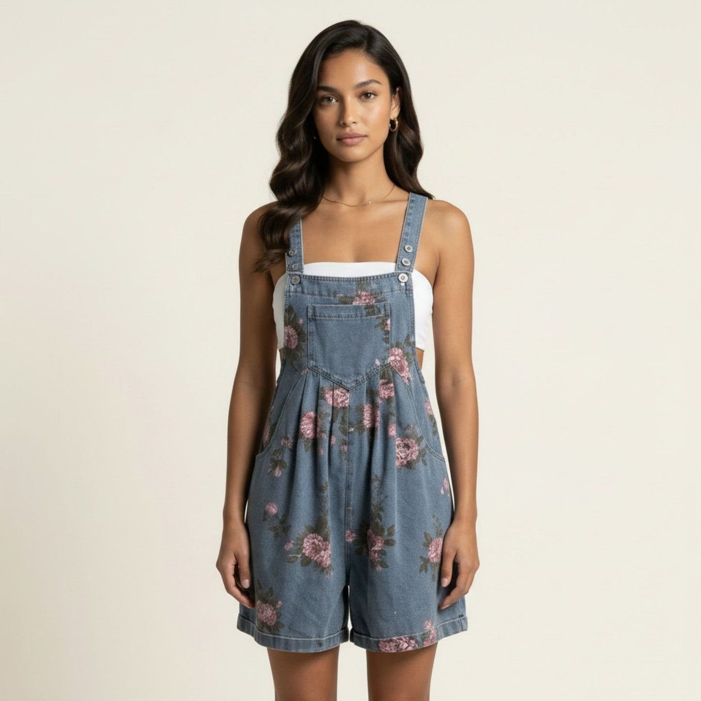 Floral Denim Overall Romper Adjustable Strap Sleeveless Shortalls Loose Fit