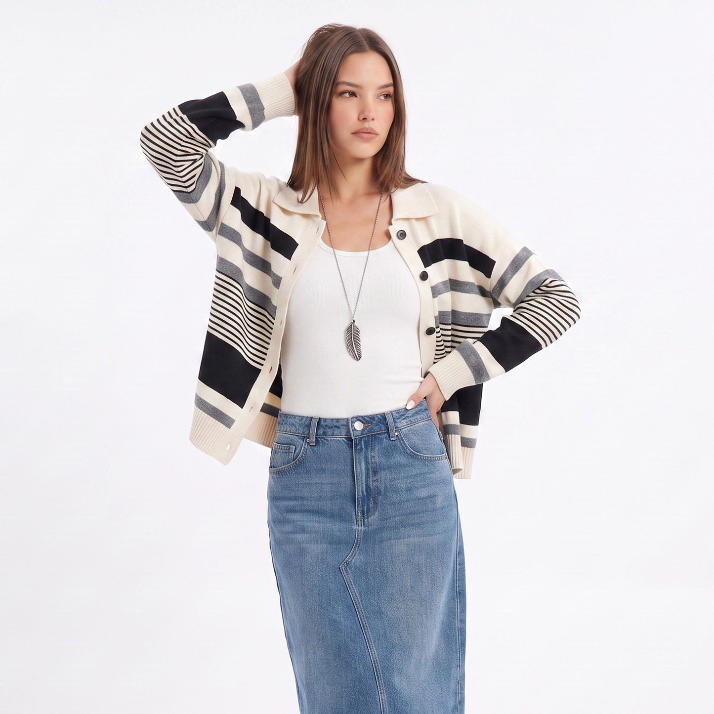 Striped Collared Button Front Knit Cardigan Sweater