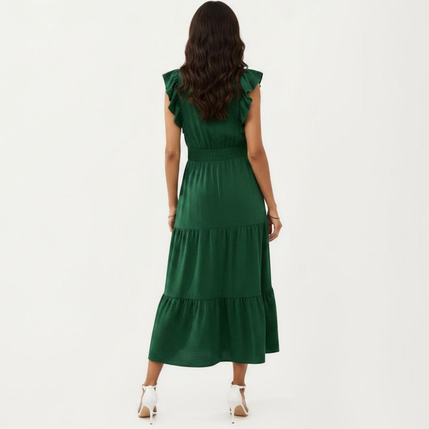 Tiered Midi Dress with Ruffle Sleeves and Smocked Waist