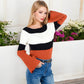 Off-Shoulder Ribbed Sweater with Color Block Flared Sleeves