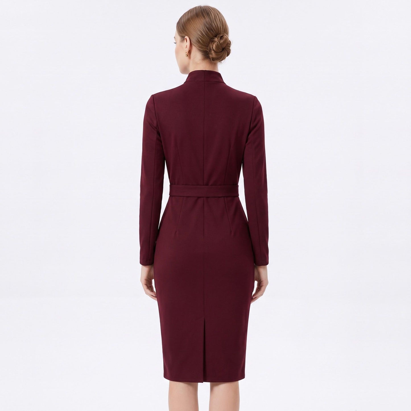 Long Sleeve Stand Collar Sheath Dress with Asymmetric Button Detail