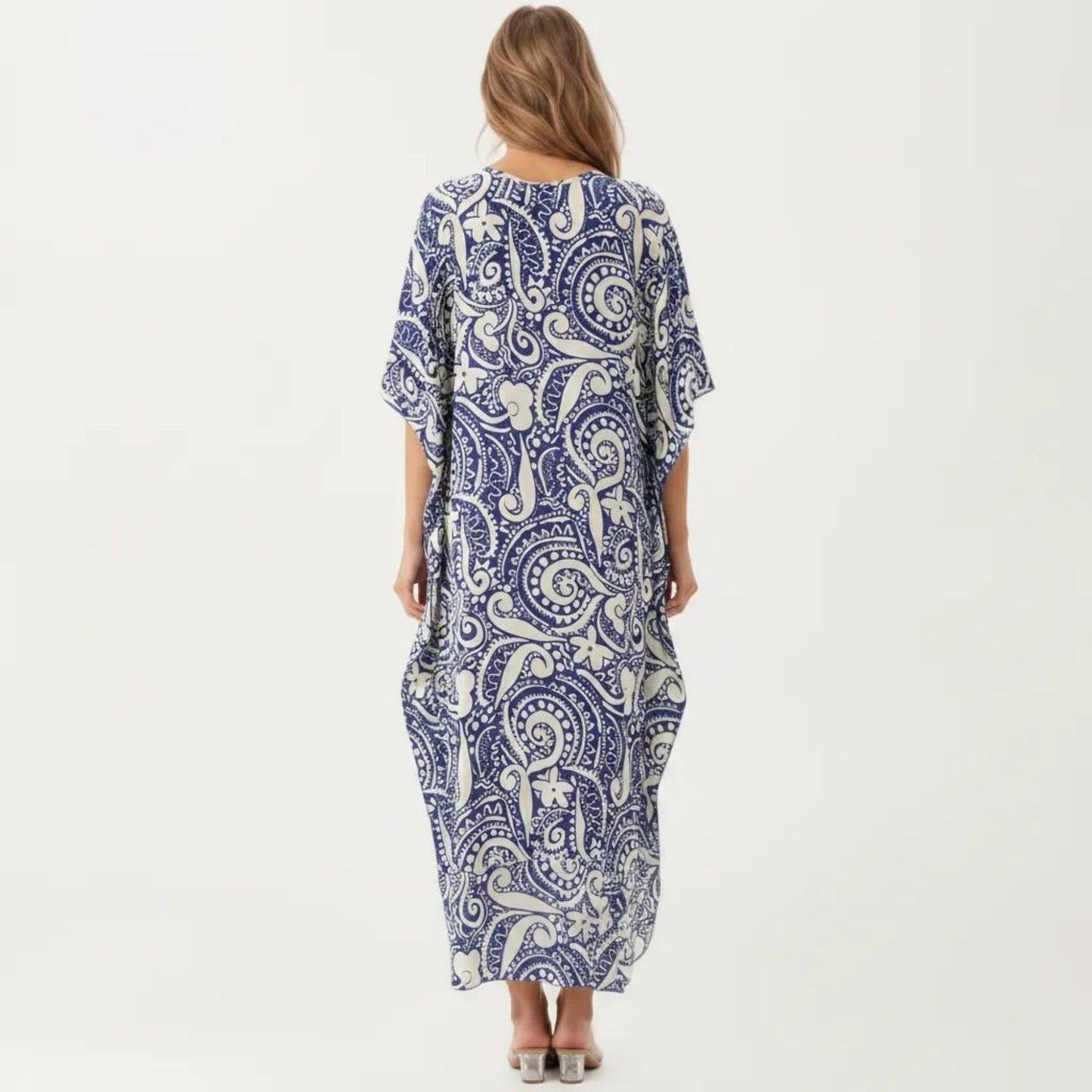 Paisley Print Maxi Dress with V-Neckline Short Sleeves and Relaxed Flowing Silhouette