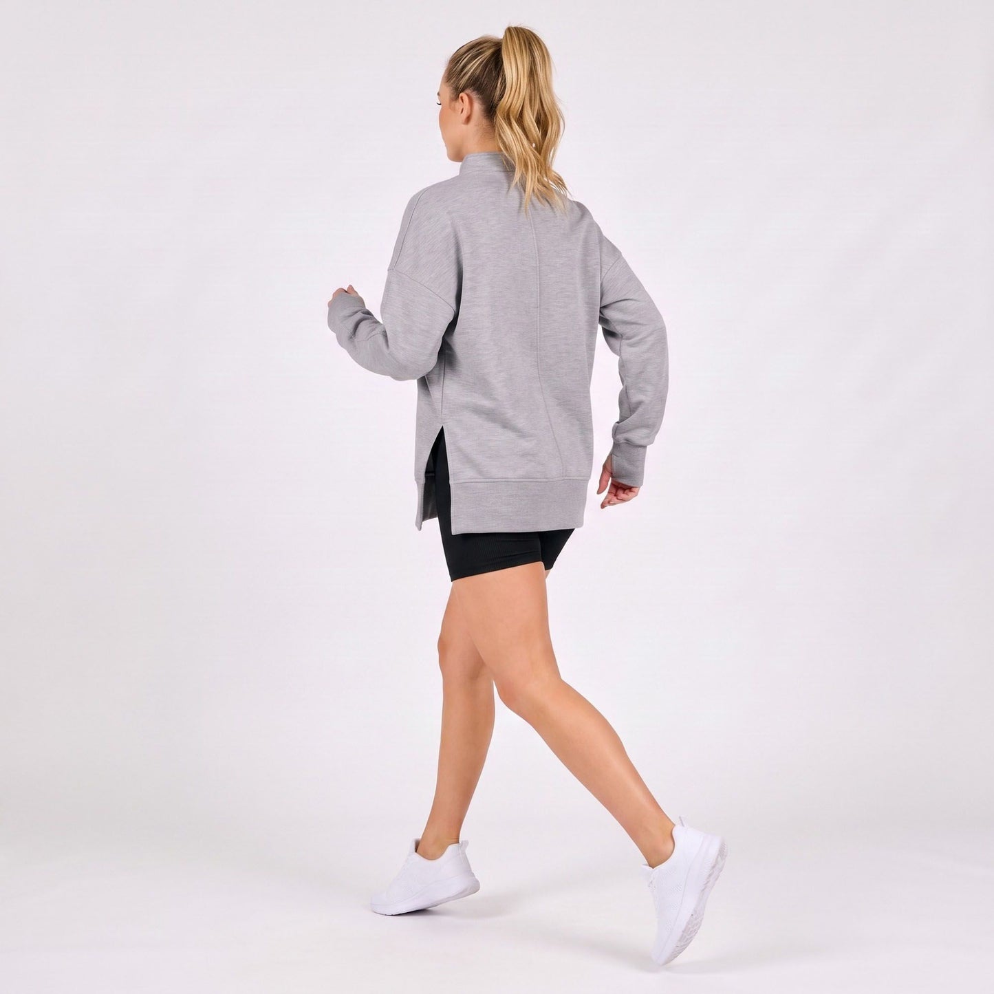Quarter Zip Mock Neck Long Sleeve Tunic Sweatshirt with Side Slits