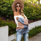 Off Shoulder Color Block Knit Sweater with Long Sleeves