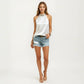 Satin Halter Top with Faux Pearl Neckline and Smooth Draped Finish