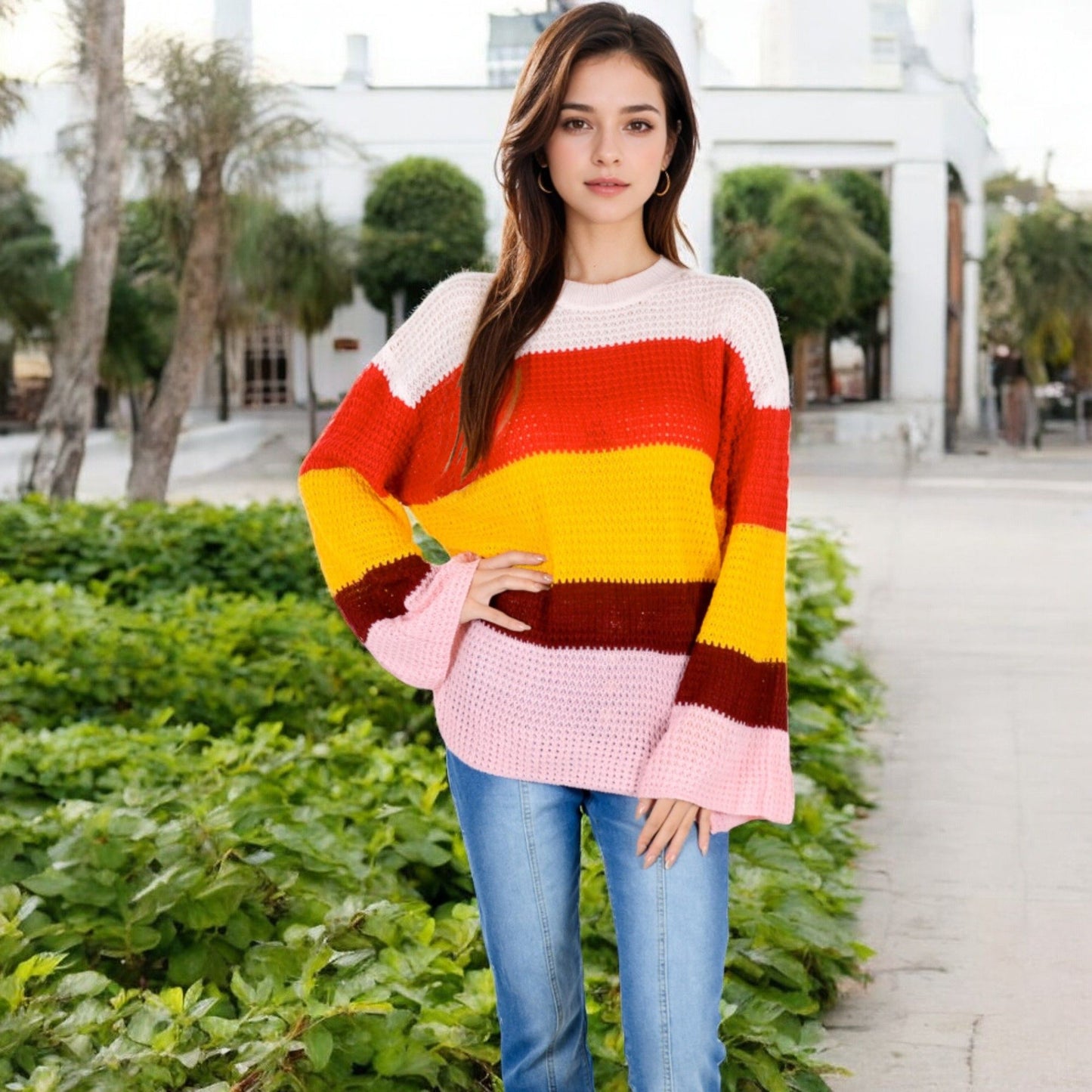 Striped Knit Sweater with Bell Sleeves and Colorful Details