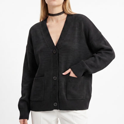 Oversized V Neck Button Front Cardigan with Pockets