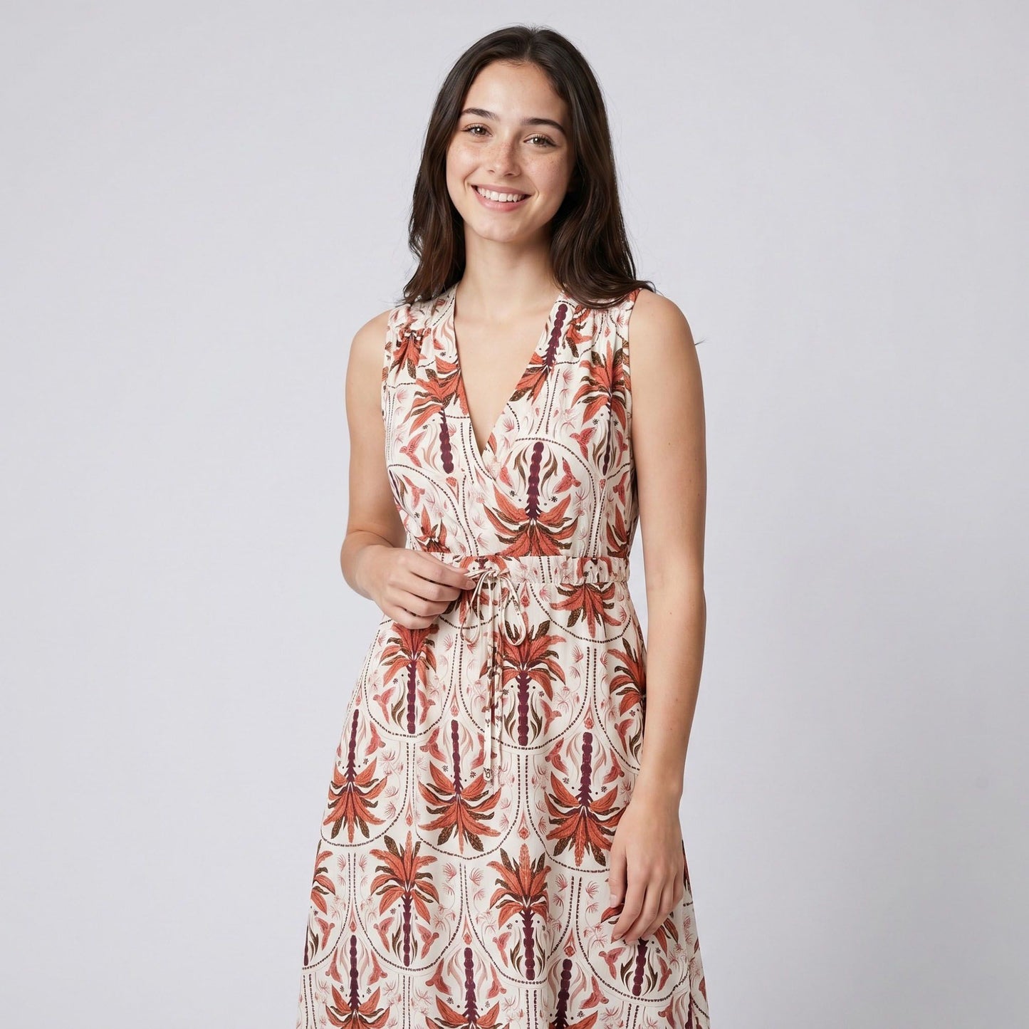 Botanical Print Sleeveless V-Neck Tie Waist Maxi Dress with Side Pockets and Relaxed A-Line Silhouette