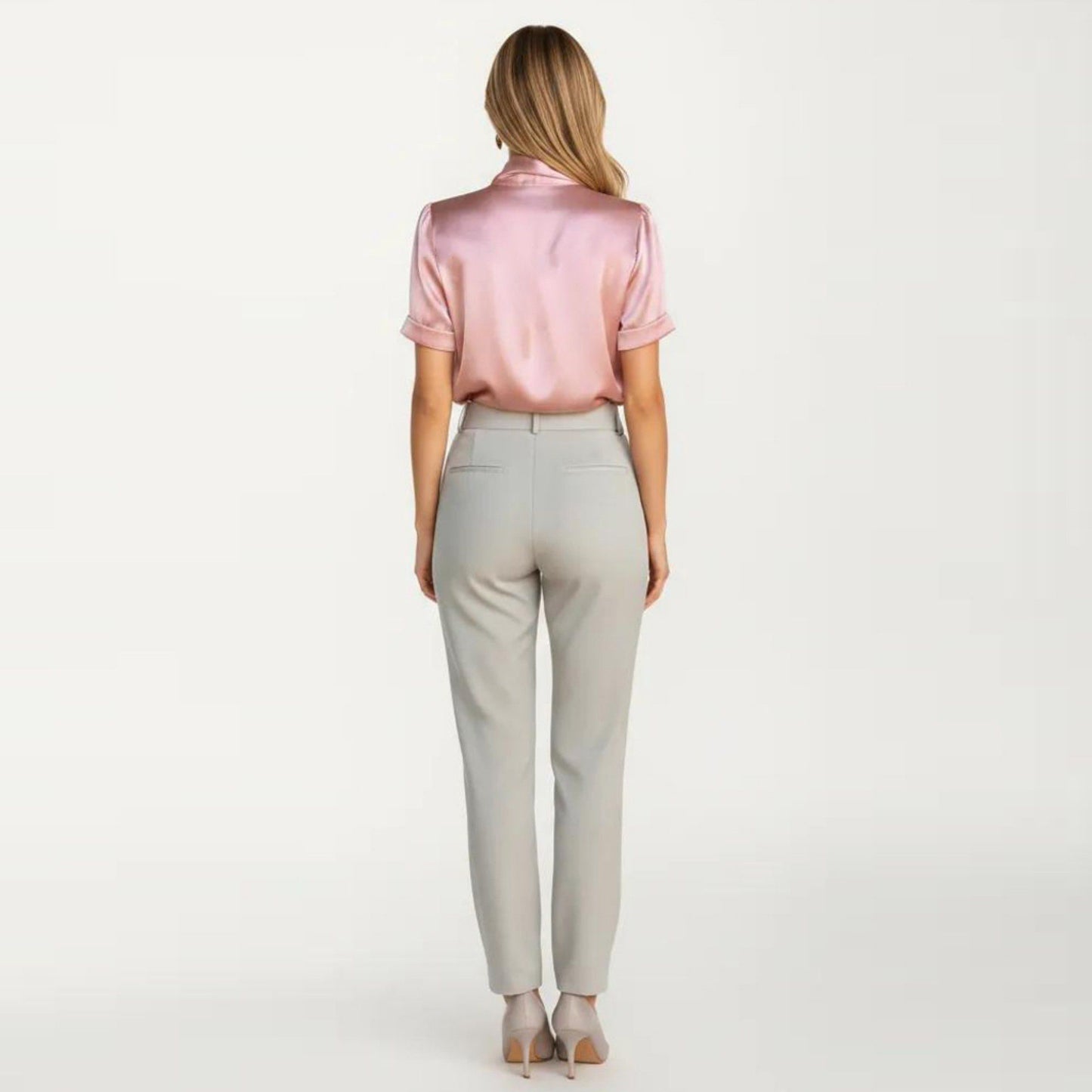 Satin Bow Neck Blouse with Short Sleeves and Smooth Draped Finish