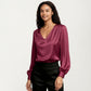 Satin V-Neck Blouse with Long Balloon Sleeves and Wide Cuffs