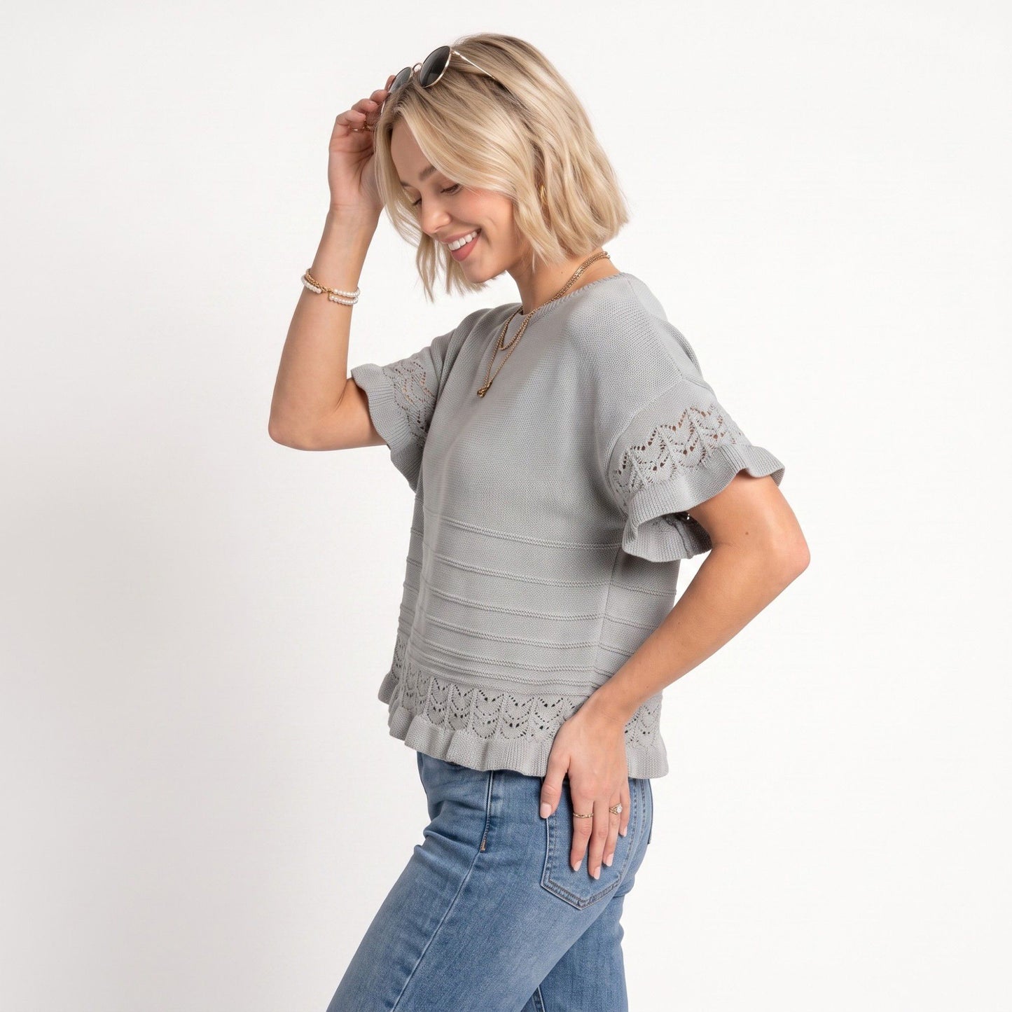 Short Sleeve Sweater Top Lace Ruffle Hem Textured Knit Blouse