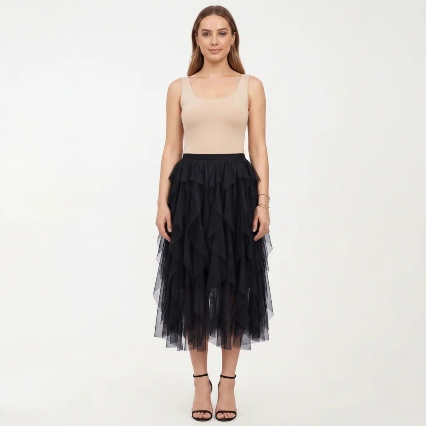 Layered Tulle Midi Skirt with Cascading Ruffle Panels and Flowing Sheer Texture Creating a Voluminous Silhouette