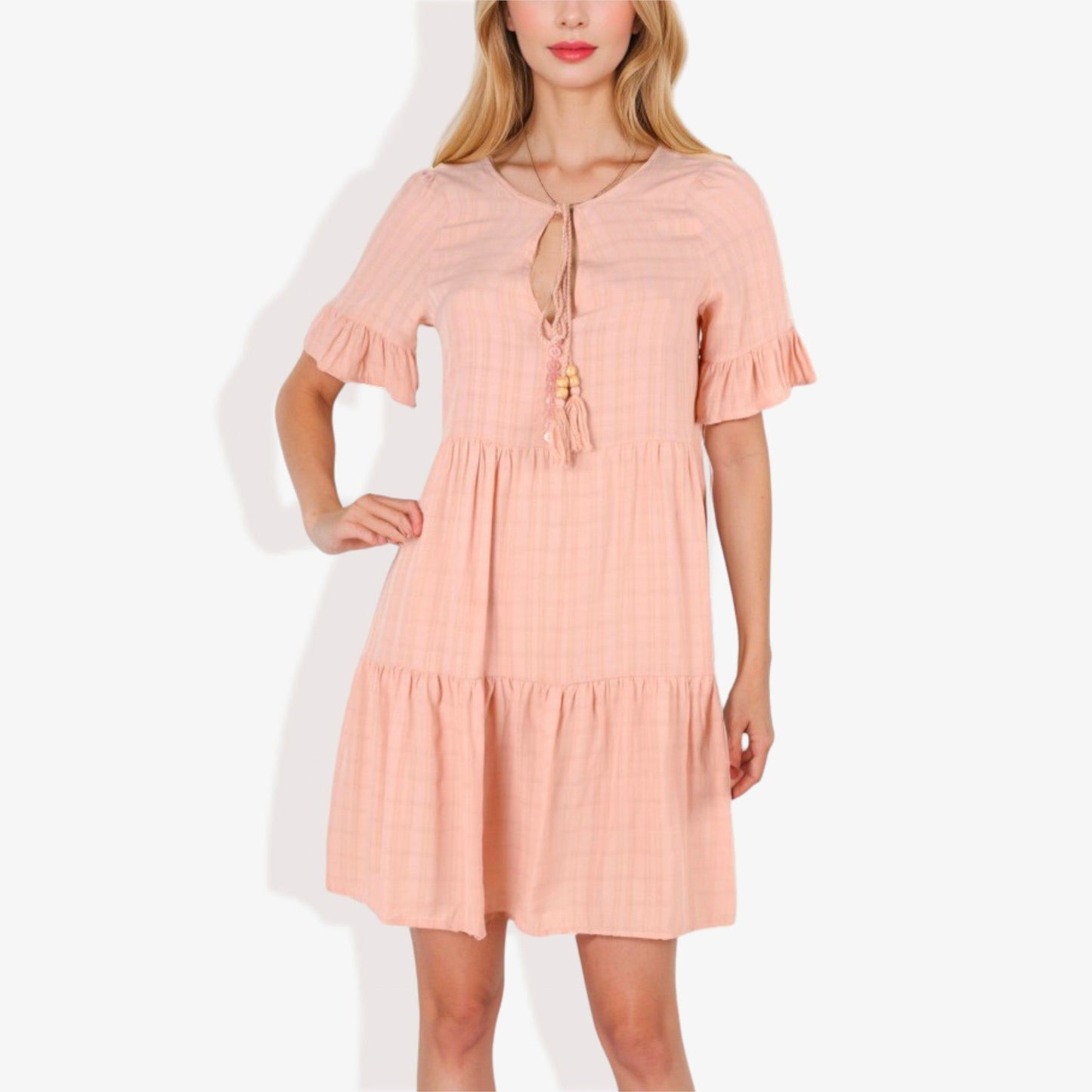 Ruffle Sleeve Tiered Dress With Button And Tassel Detail