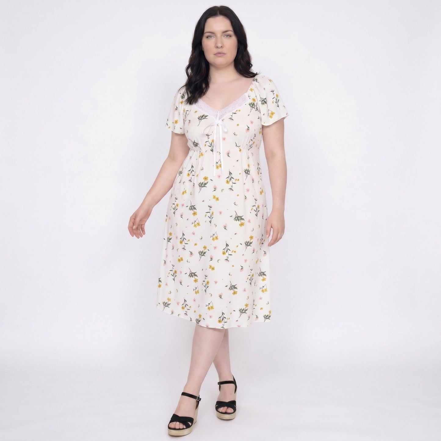 Floral Midi Nightgown Short Sleeve Lace Trim V-Neck Tie Front Sleep Dress