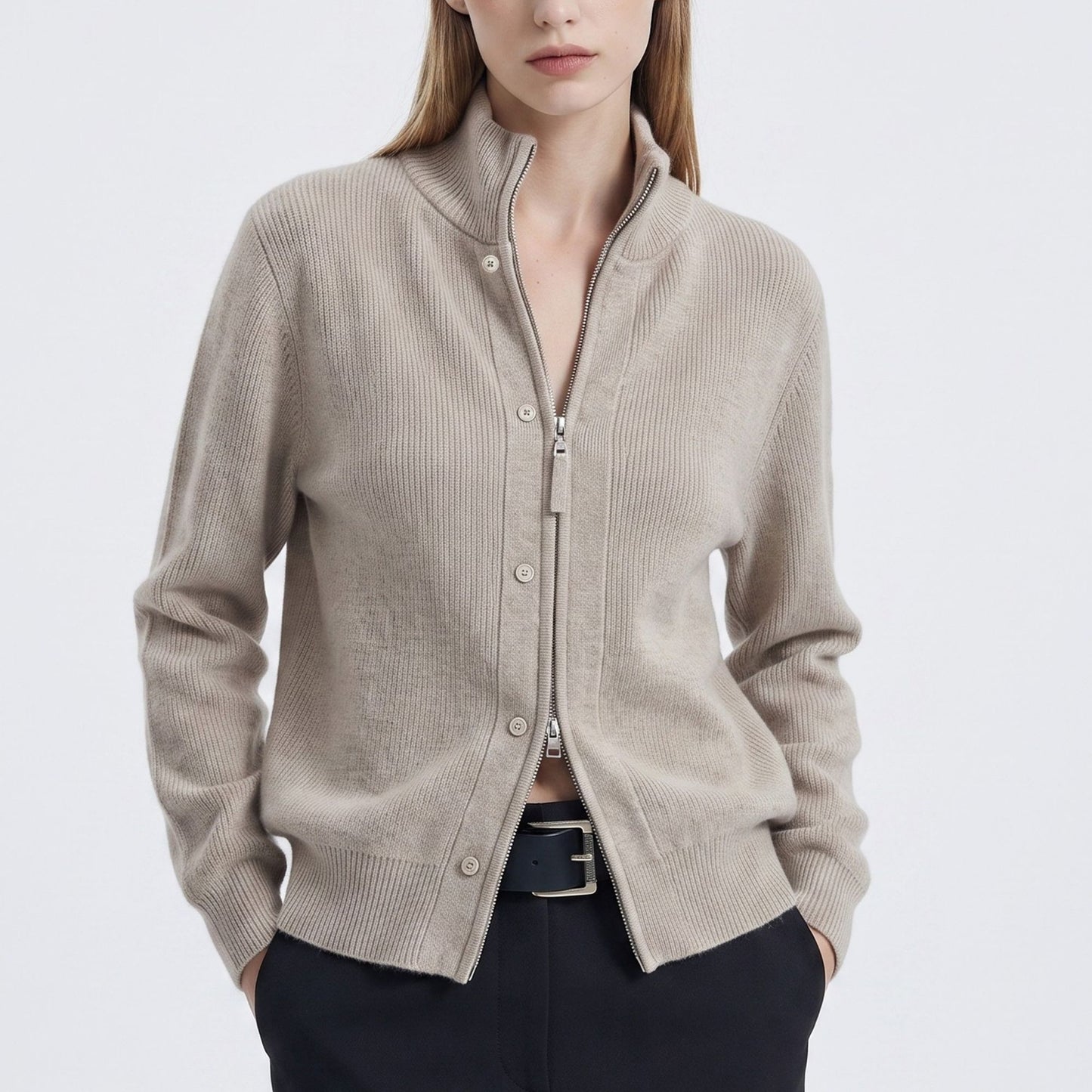 Mock Neck Zip-Front Knit Cardigan Sweater