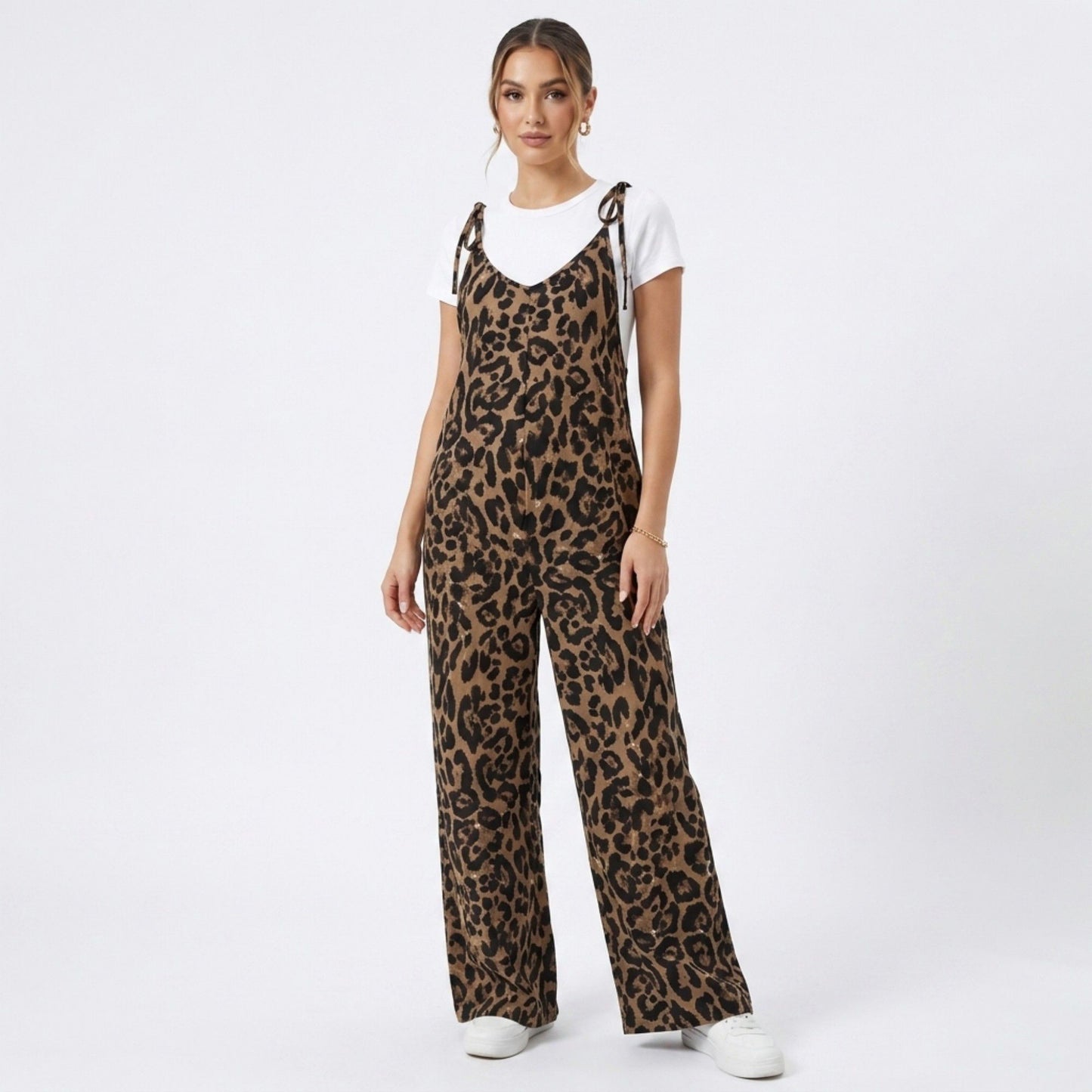 Maternity Leopard Print Wide Leg Jumpsuit with Tie Shoulder Straps and Layered Tee Look