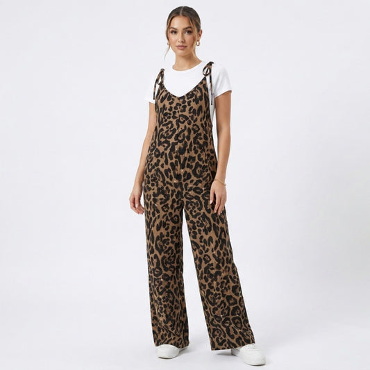 Maternity Leopard Print Wide Leg Jumpsuit with Tie Shoulder Straps and Layered Tee Look