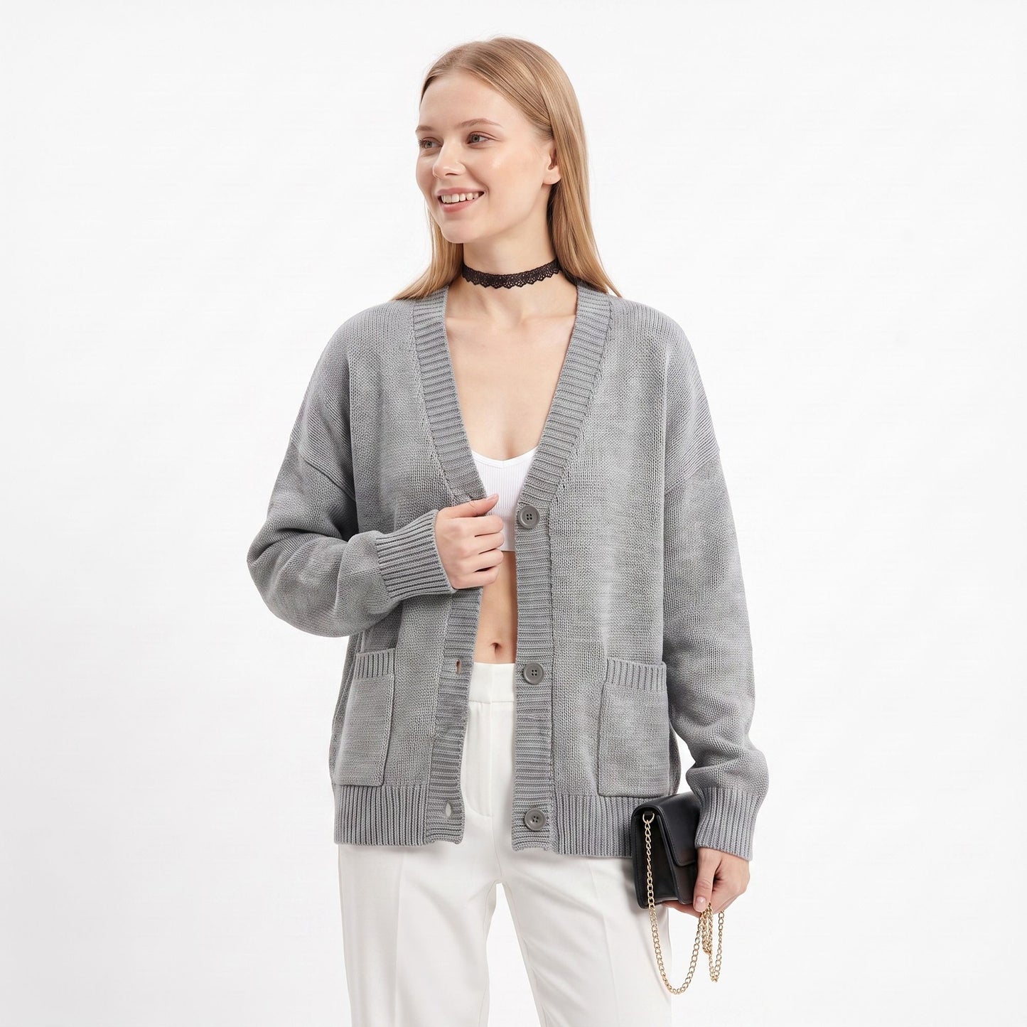 Oversized V Neck Button Front Cardigan with Pockets