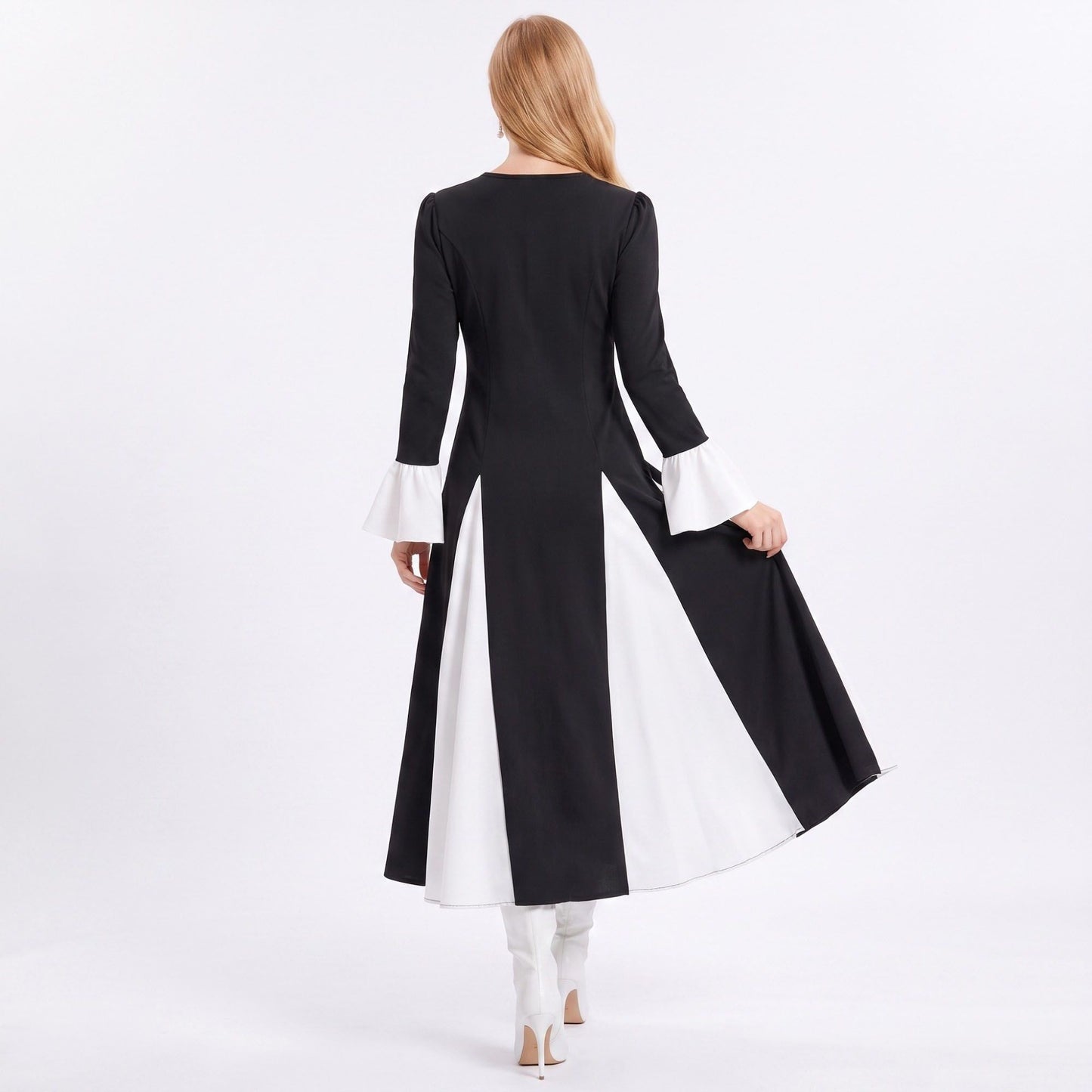 Color Block Belted Long Sleeve Fit and Flare Midi Dress